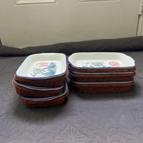 Vintage Rare 6pc Ceramic Flower Rectangular Bowl in Wicker Basket Hand Painted - Picture 5 of 9